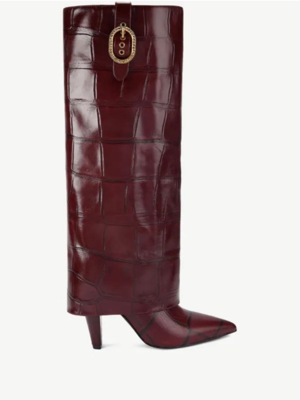 Kurt Geiger Burgundy Croc-Embossed Pointed Knee Boot with Gold Buckle